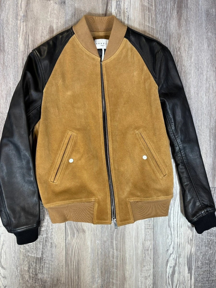 Sandro Paris Bomber Jacket - Suede & Leather - Tan/Black