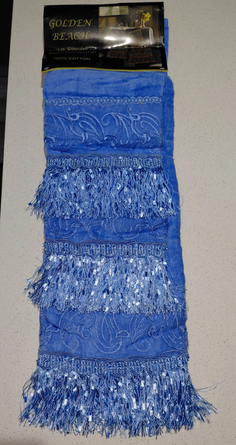 Golden Beach 3 pc Embroidered Cotton Towel Set - Blue