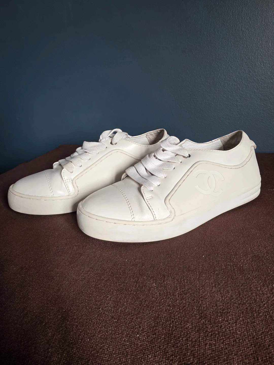 Chanel White Leather CC Logo Sneakers