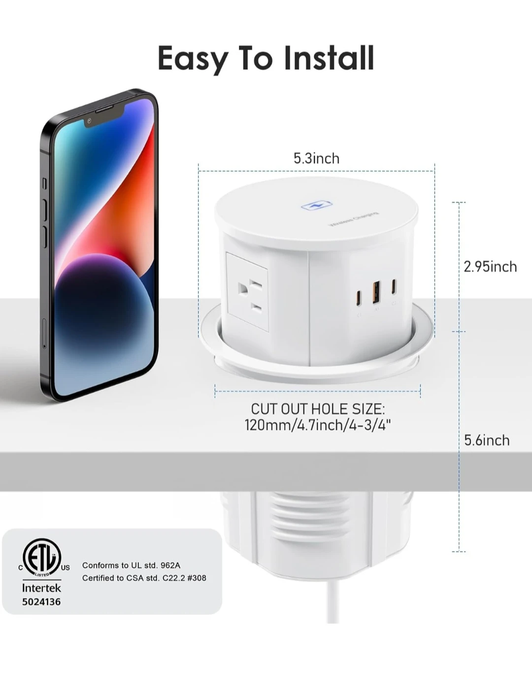 ANNQUAN 4.75" Pop Up Outlet with 65w usb-C - photo 2