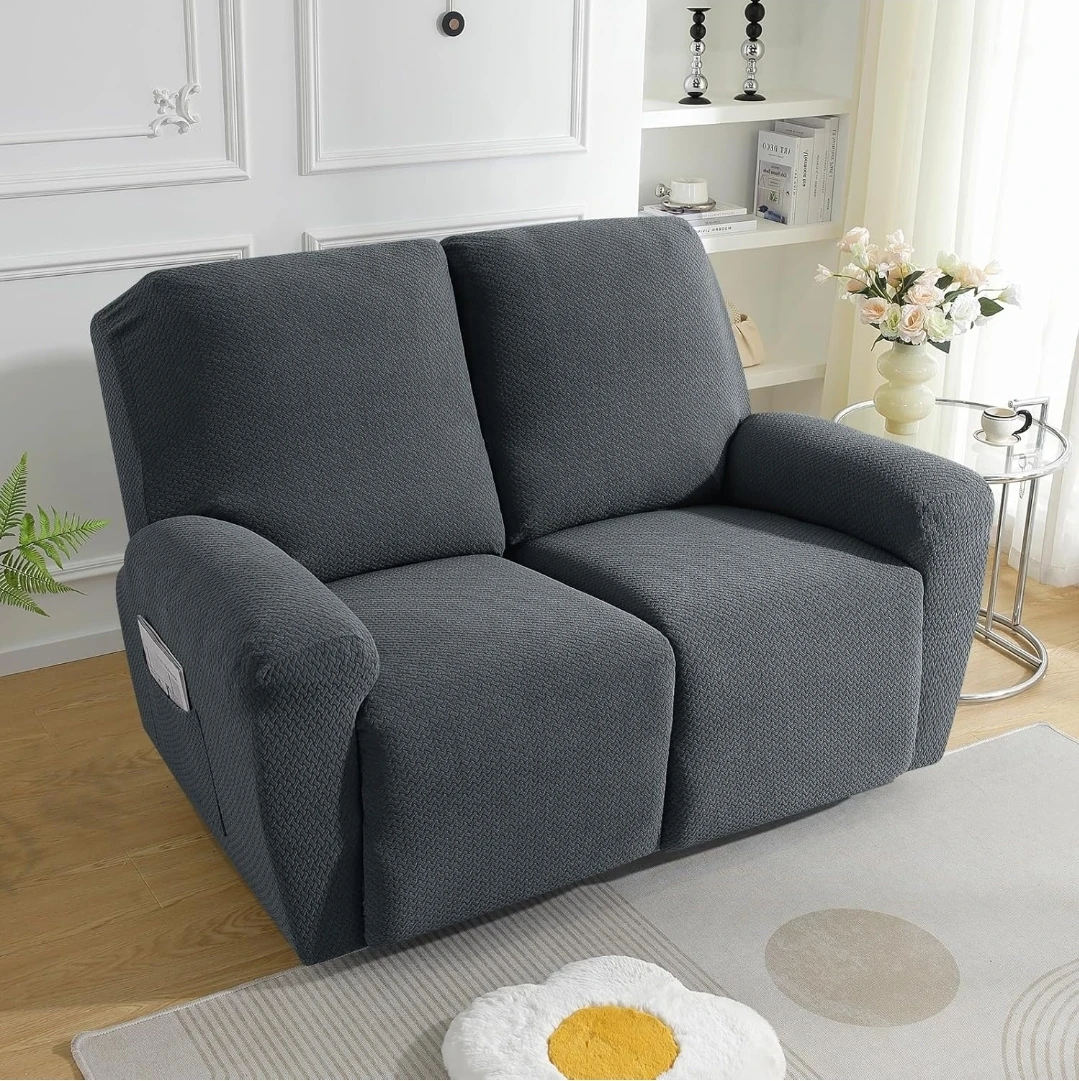 6-Piece Stretch Jacquard Loveseat Recliner Cover - Dark Gray - photo 2