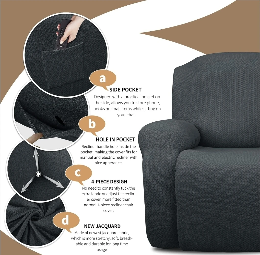 6-Piece Stretch Jacquard Loveseat Recliner Cover - Dark Gray - photo 4
