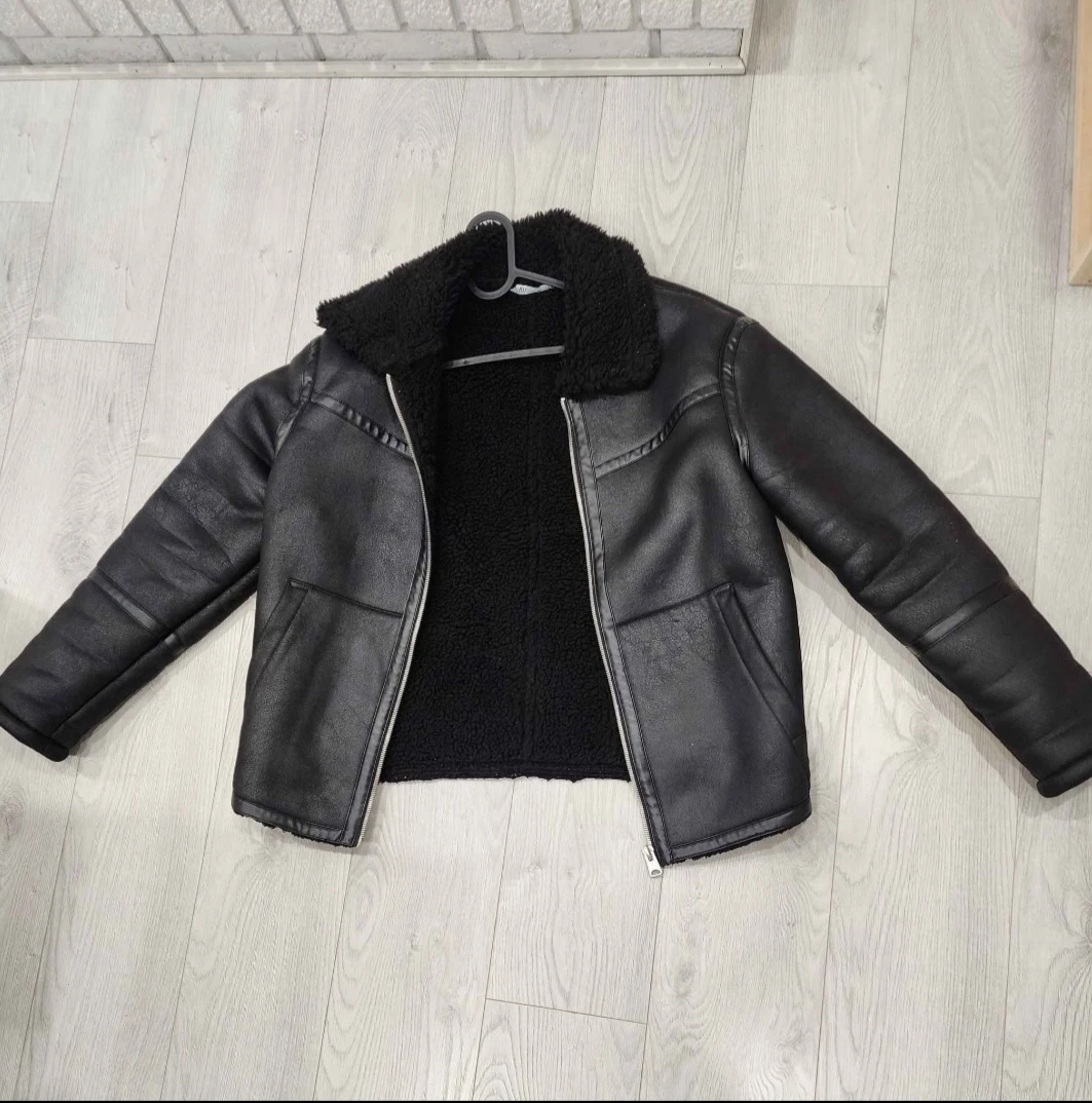 Zara Black Faux Leather Aviator Jacket - Size Medium