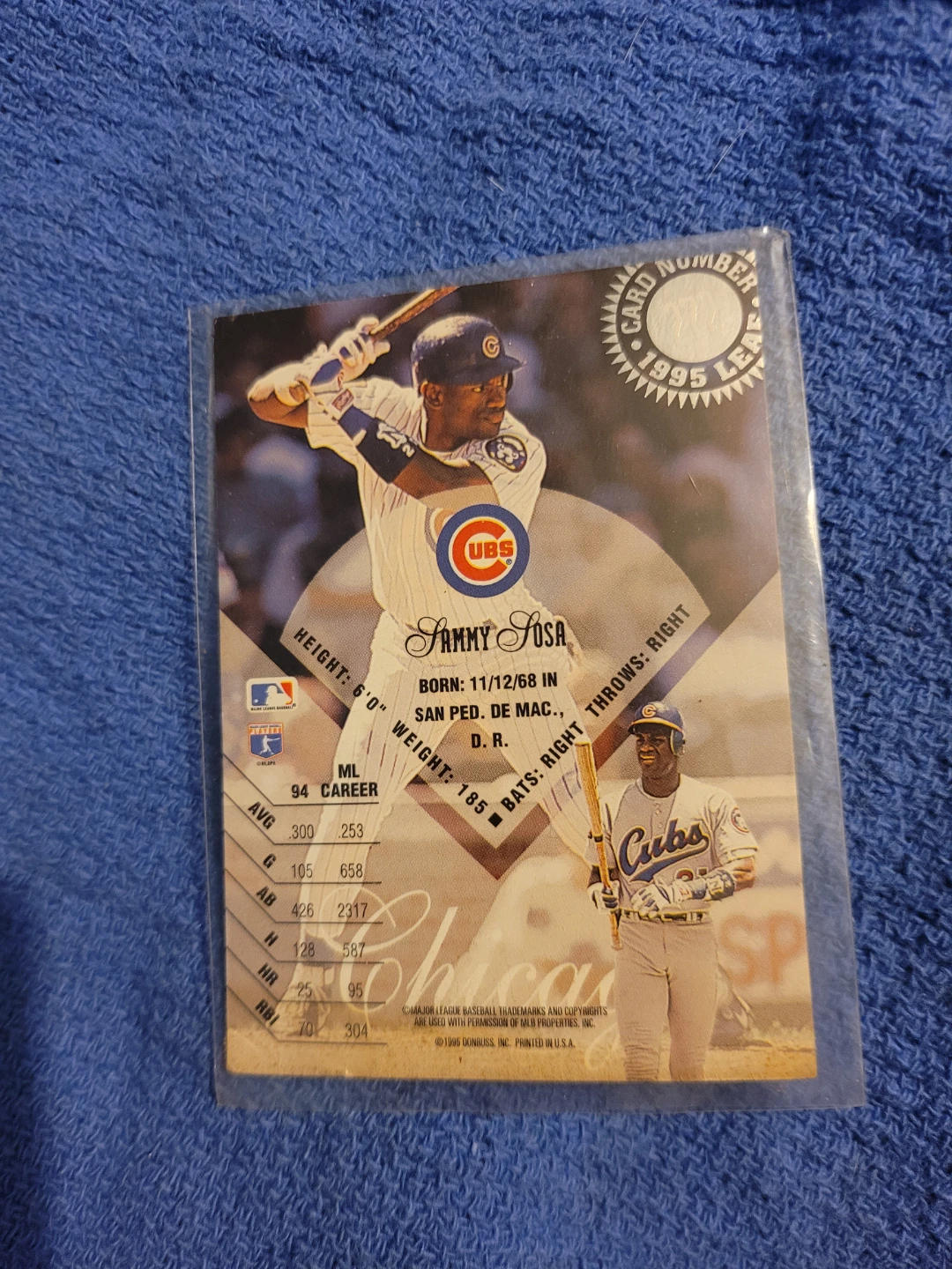 1995 Leaf Sammy Sosa Chicago Cubs Baseball Card - photo 2