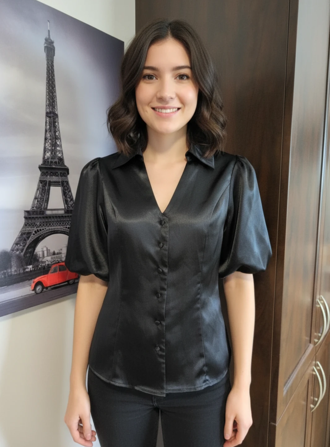 Black satin button-up blouse with puff sleeves