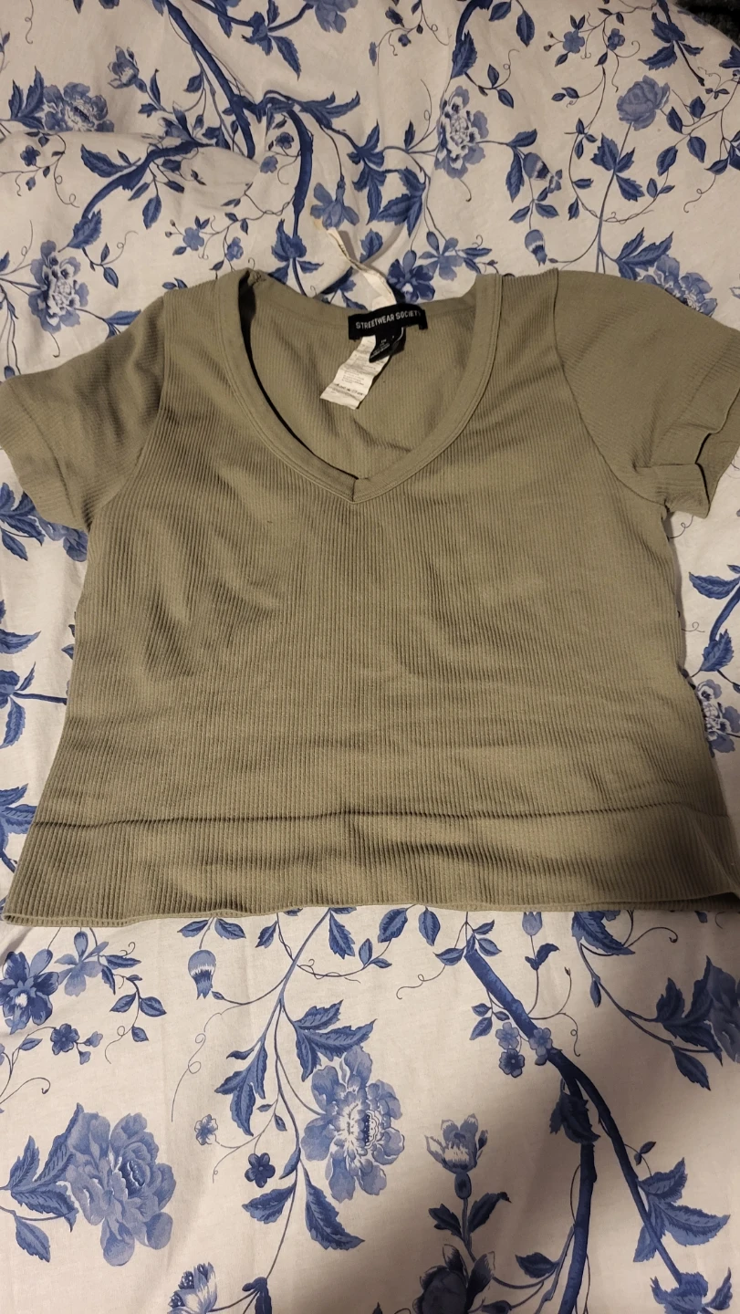 Streetwear Society Ribbed Cropped T-Shirt - Olive Green