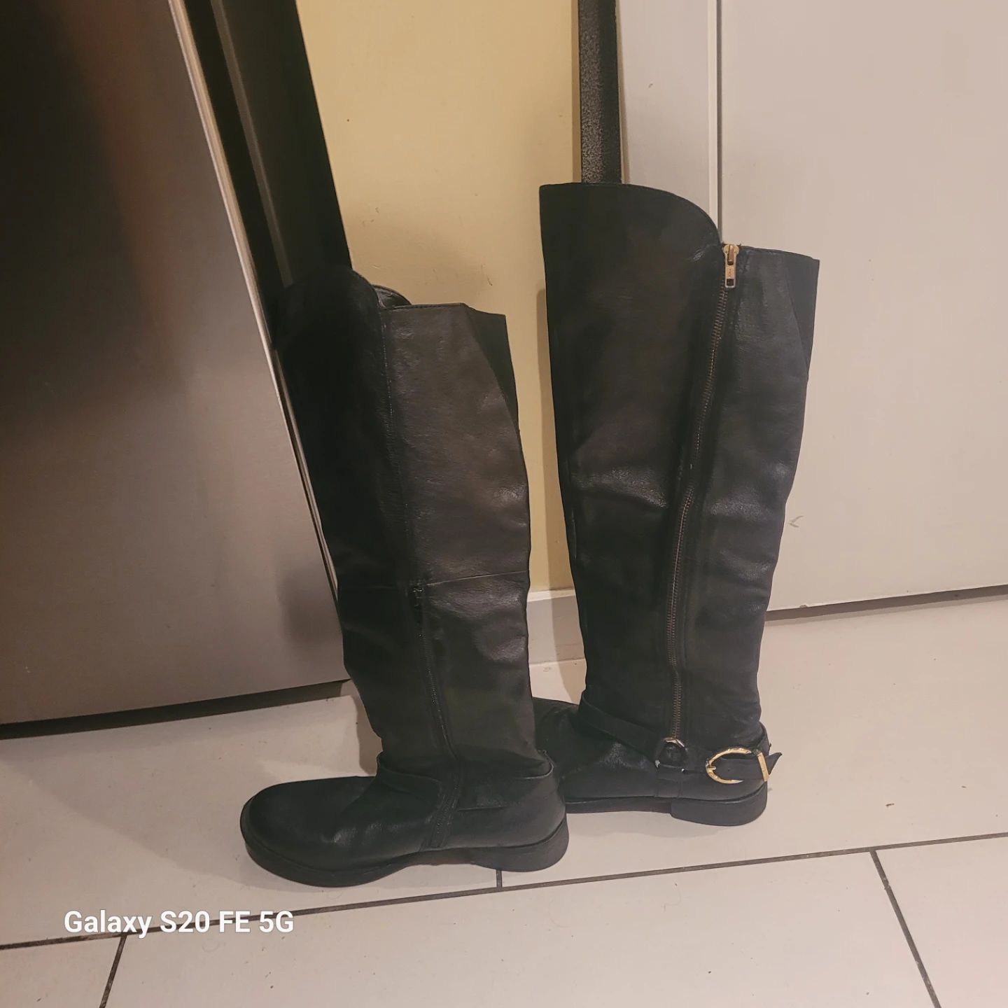 Black Leather Knee-High Boots with Side Zipper