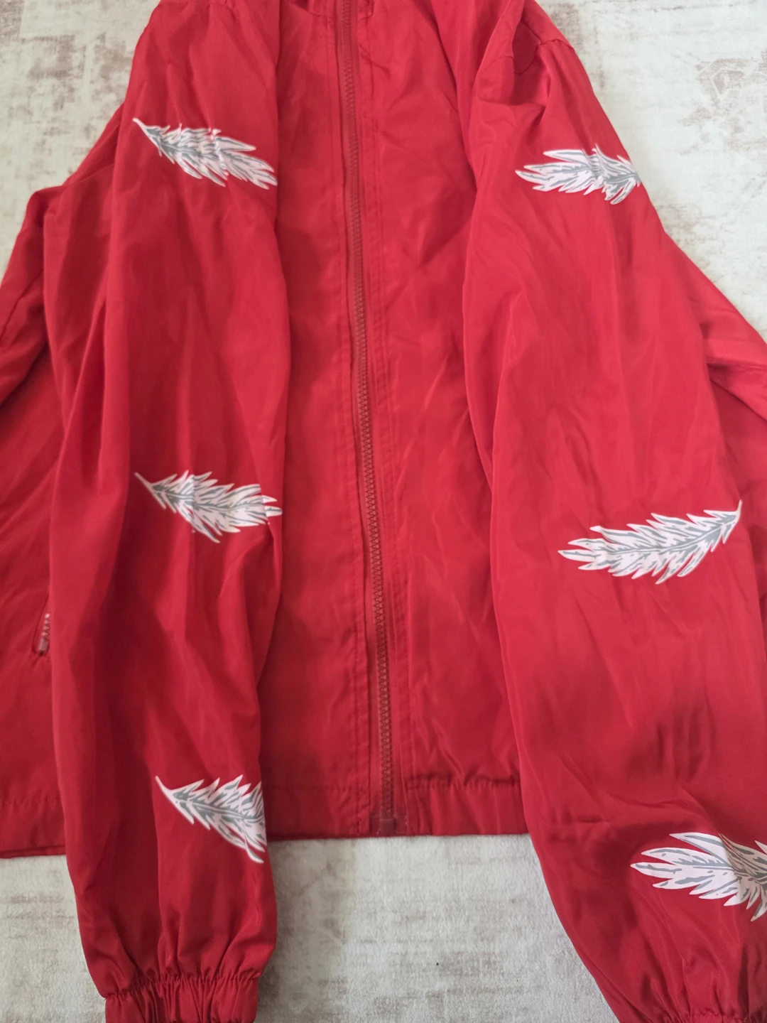 Red Feather Print Hooded Windbreaker Jacket - photo 2
