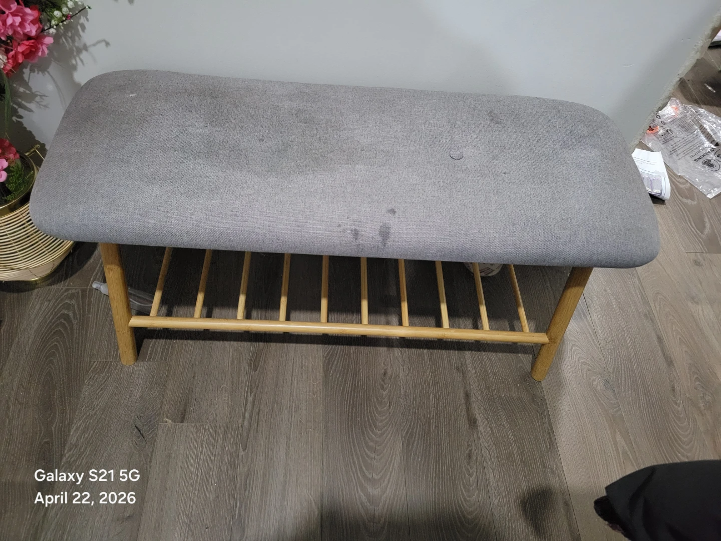 Grey Fabric Storage Bench with Wooden Legs