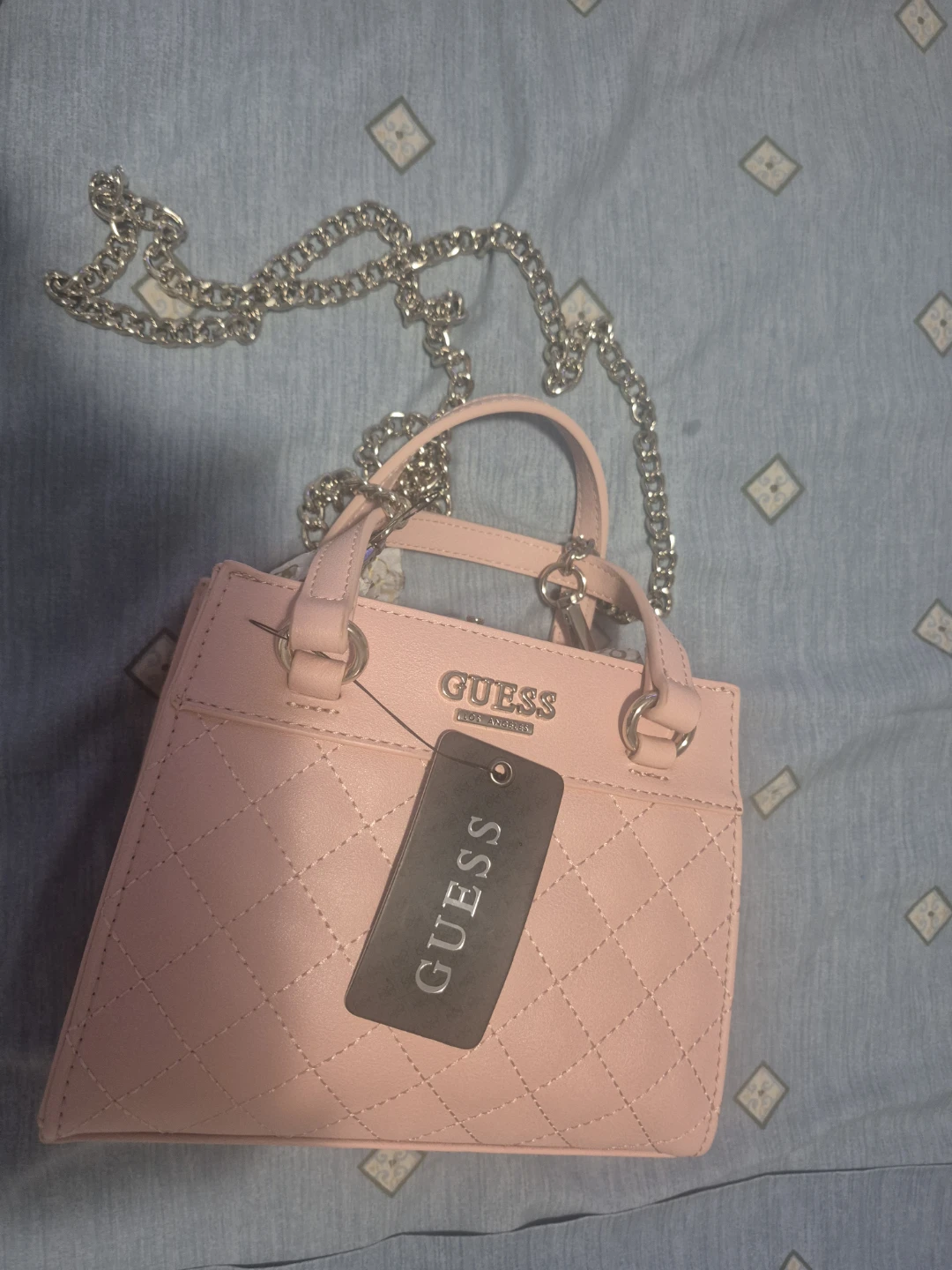 Guess Pink Quilted Mini Top Handle Bag with Chain Strap