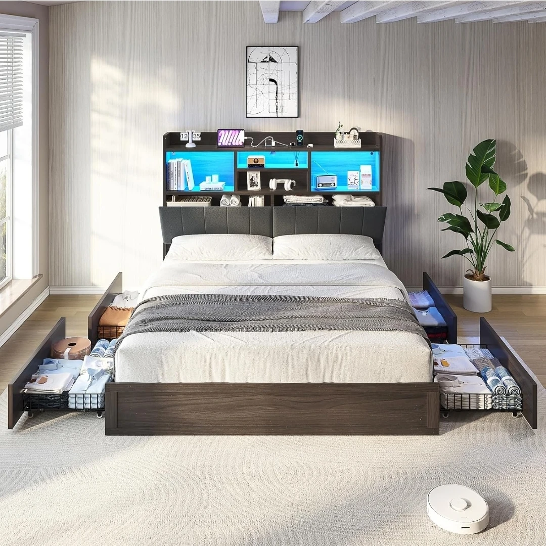 Storage Bed Frame with Headboard Shelves