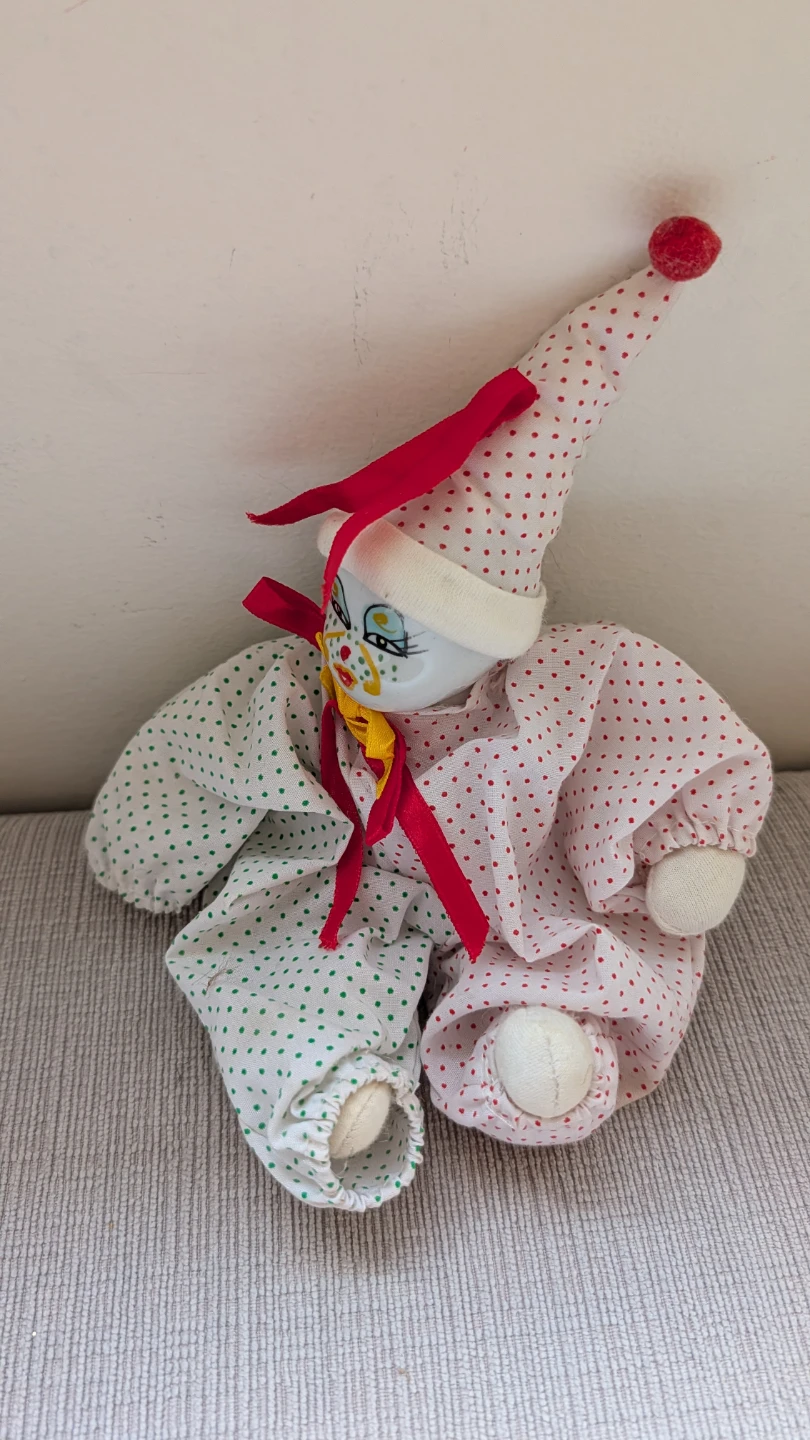 Porcelain Clown Doll with Red and Green Polka Dot Outfit