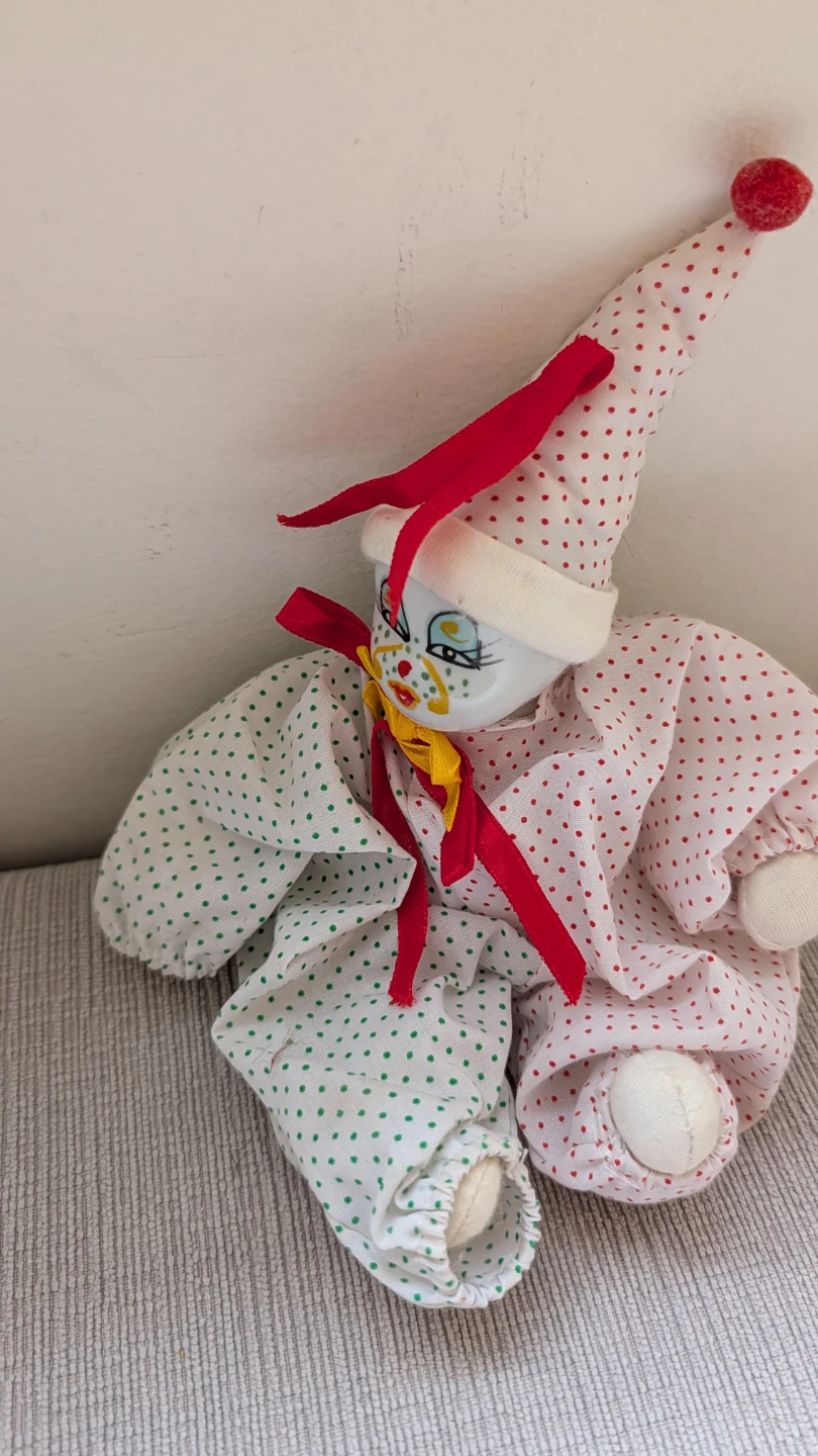 Porcelain Clown Doll with Red and Green Polka Dot Outfit - photo 2