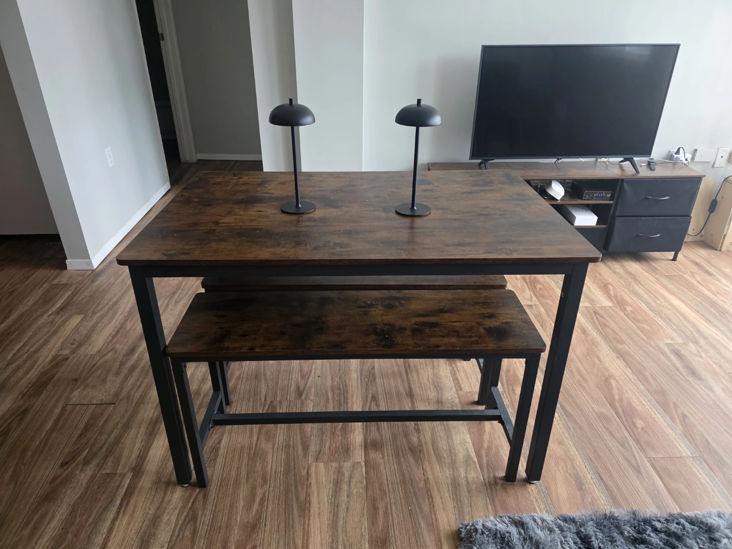 Rustic Wood Dining Table Set with 2 Stools