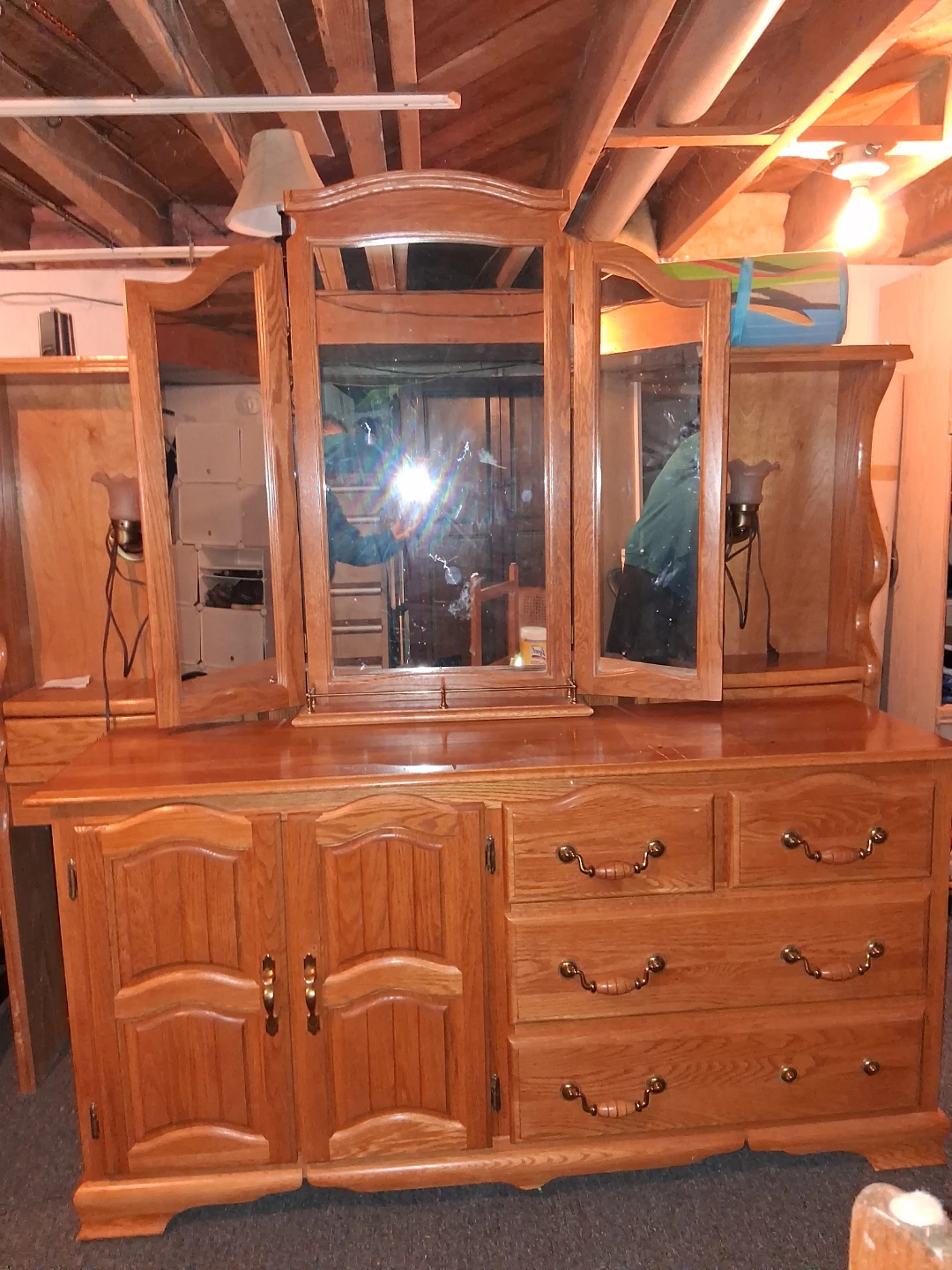 Oak Wood Bedroom Set - Wardrobe, Dresser, and Headboard