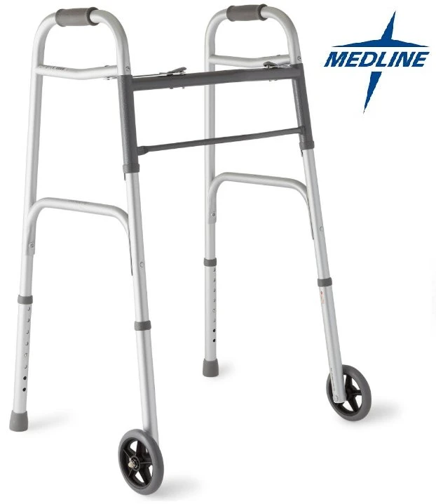 Medline 2 button folding walker - 5'' wheels - 300lb capacity