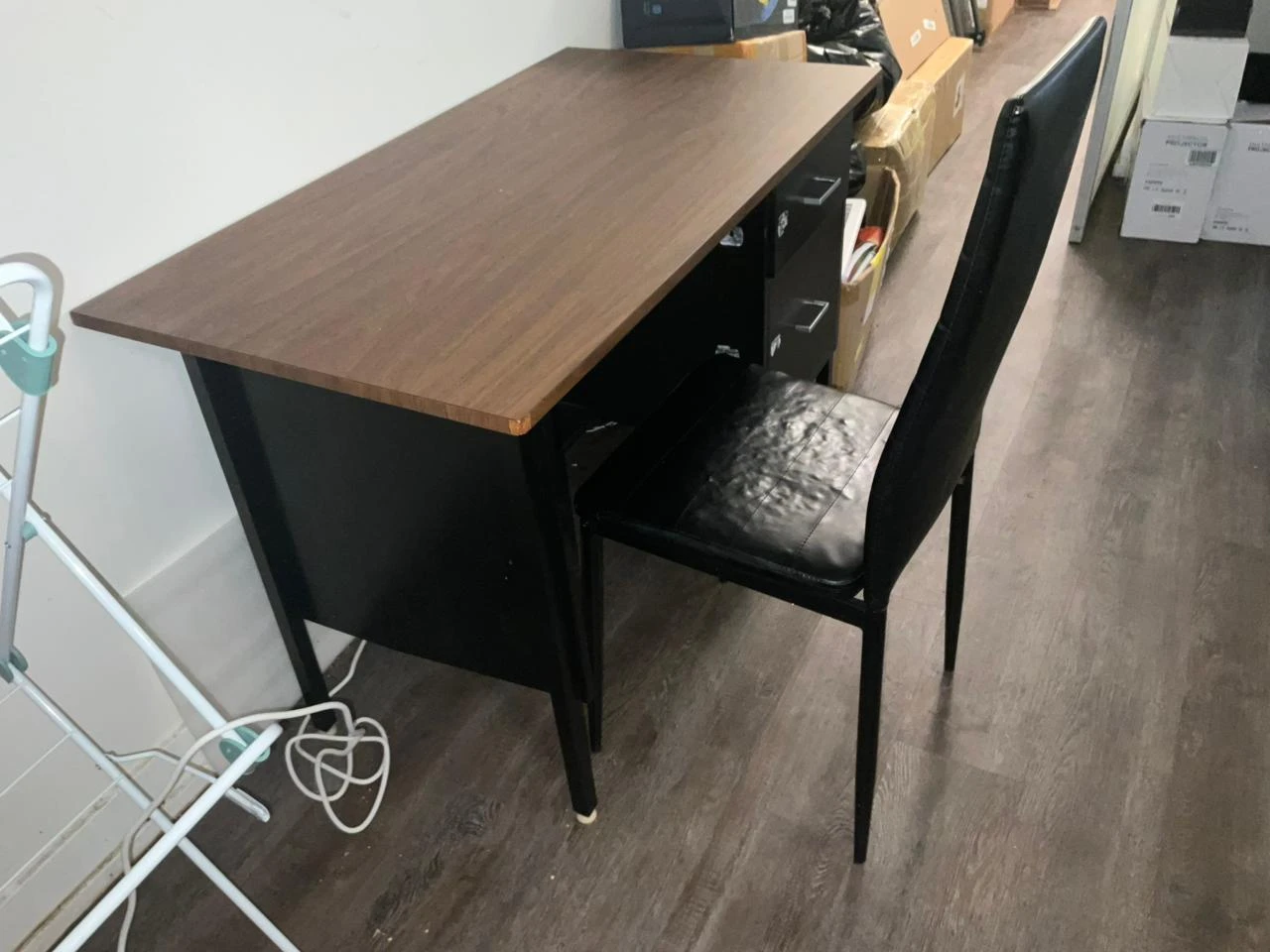 Wooden top desk and chair with black filing cabinet with drawers - photo 4