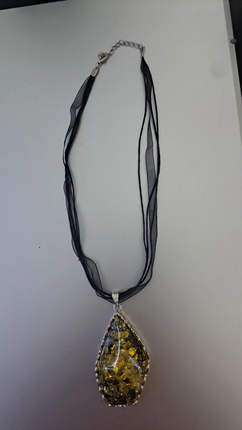 Black Ribbon Necklace with Amber-like Pendant