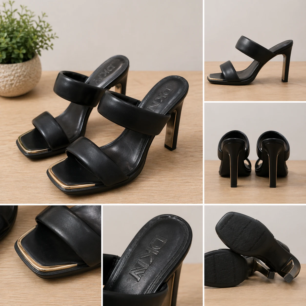 DKNY Black Leather Square Toe Heeled Mules