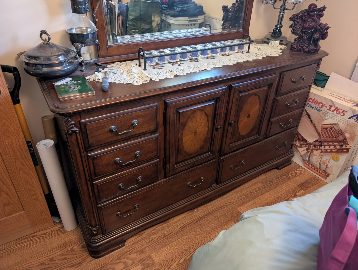 Wooden Dresser with Mirror, Night stand, and Bed frame/headboard