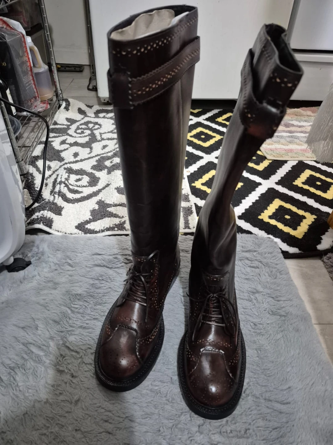 Dark Brown Leather Lace-Up Knee-High Boots with Straps