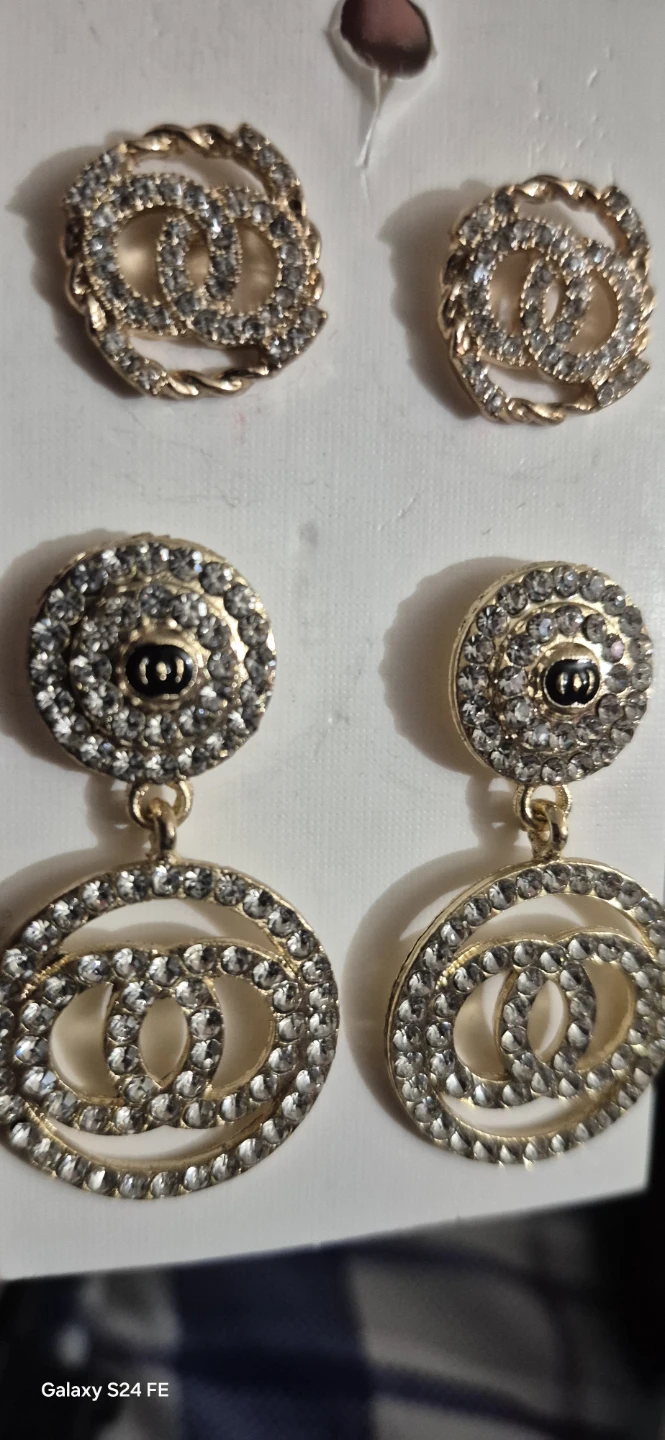 CC Logo Earrings Set - Gold Tone Rhinestone Dangle & Studs - photo 2