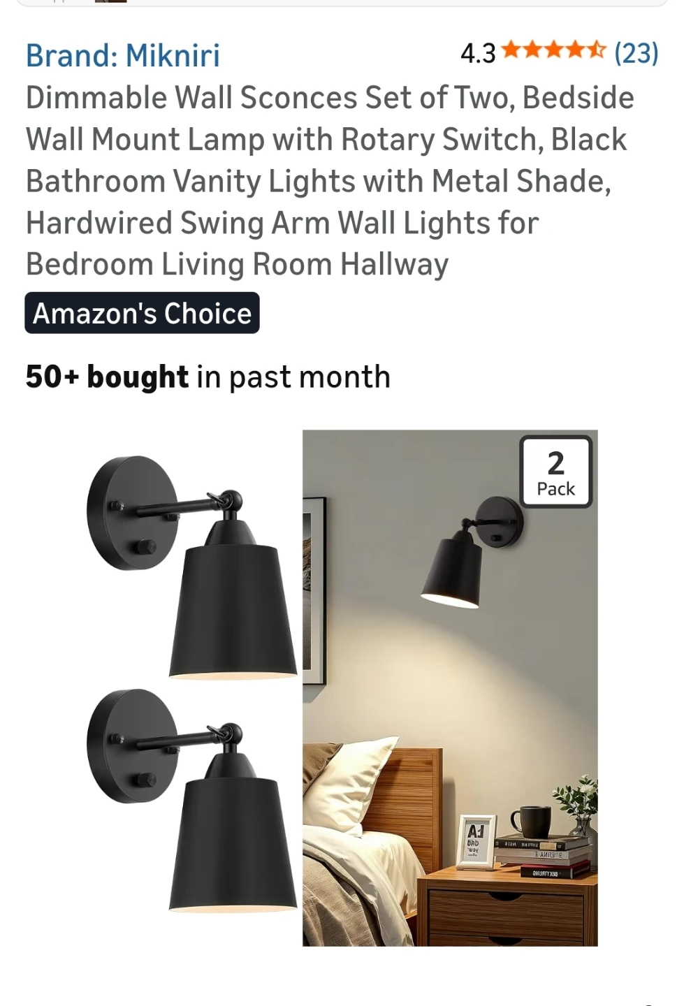 Black Dimmable Wall Sconces Set of 2