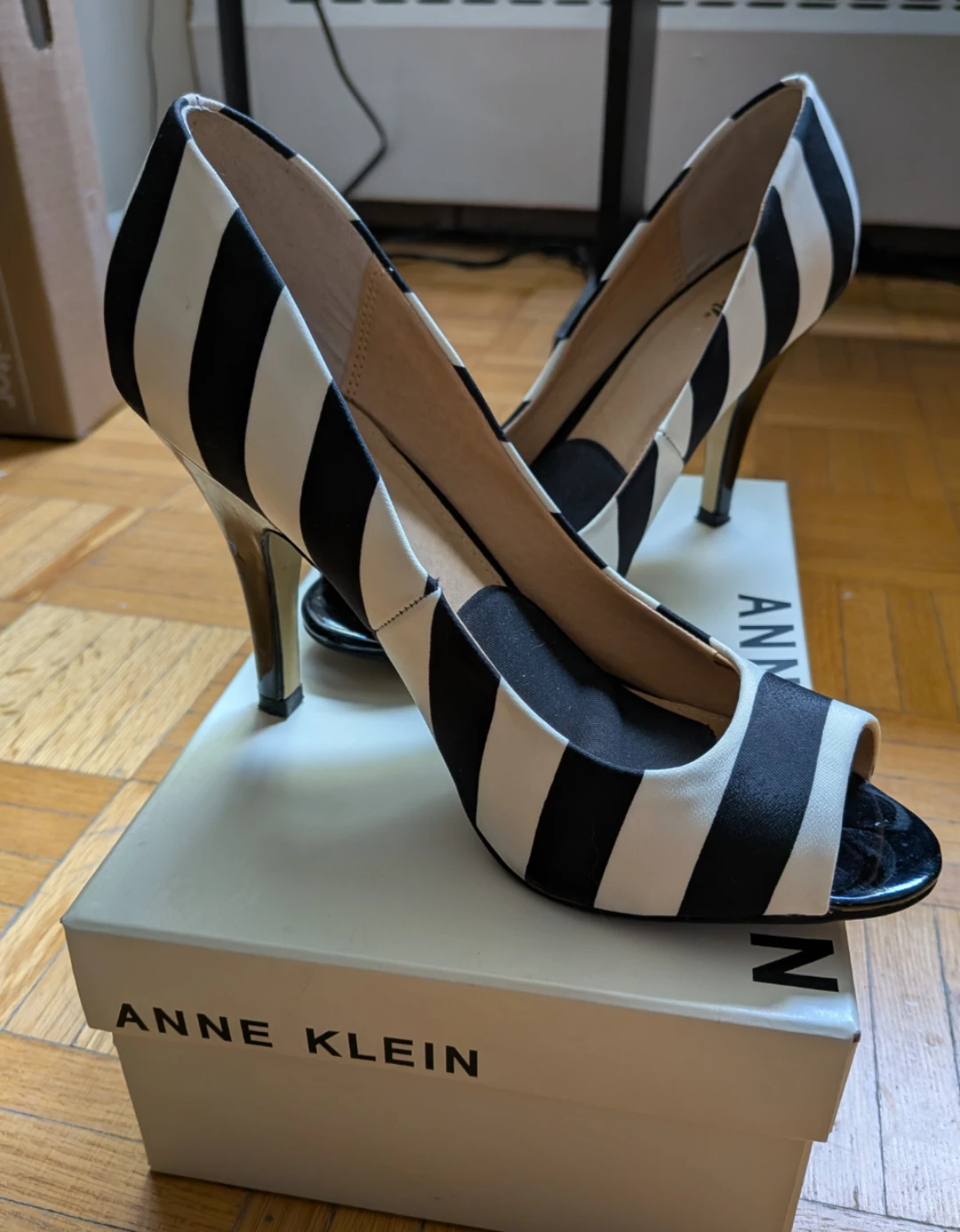 Black and White Striped Peep-Toe Heels