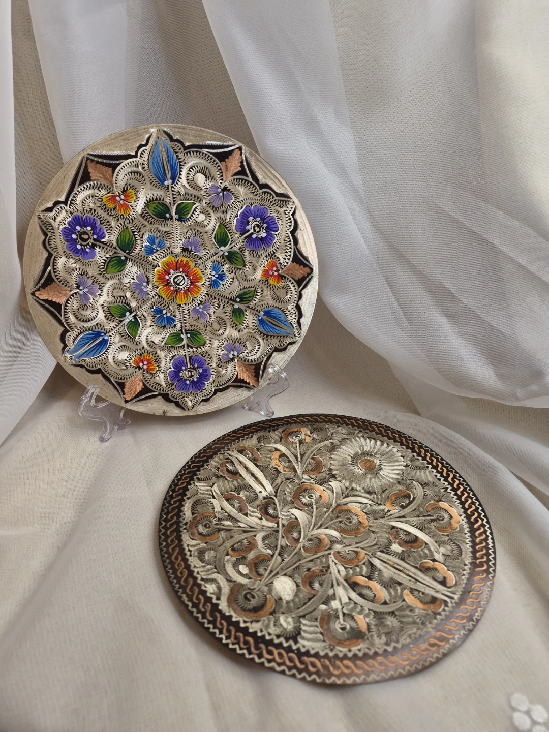 Pair of Beautiful Vintage 7 1/2"  Etched Copper Wall Plates