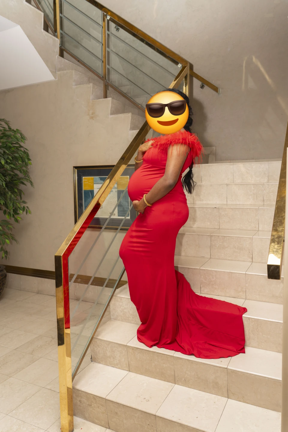 Red Maternity Dress with Feather Trim