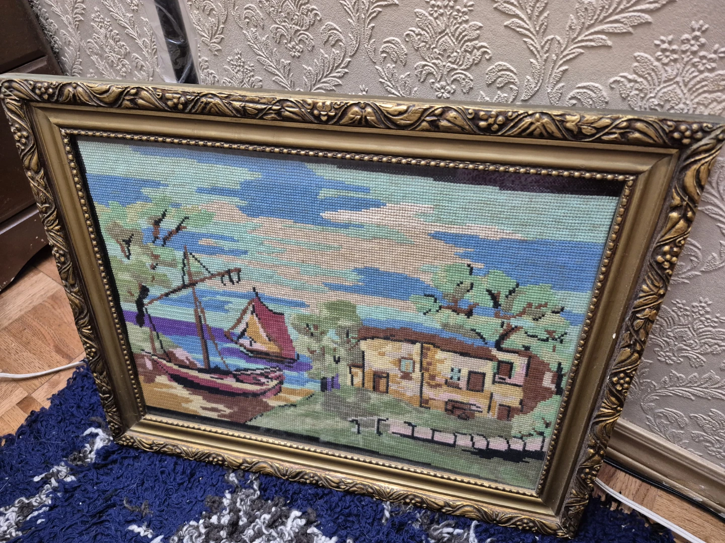 Vintage Framed Tapestry Needlepoint Art - Coastal Scene
