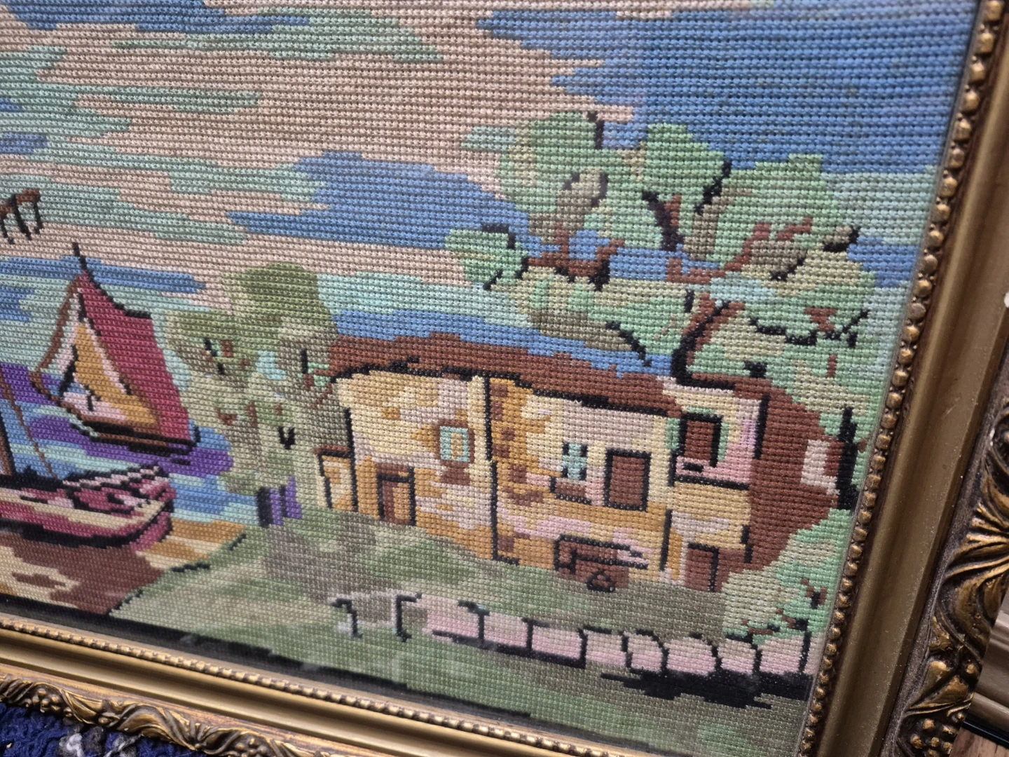 Vintage Framed Tapestry Needlepoint Art - Coastal Scene - photo 2