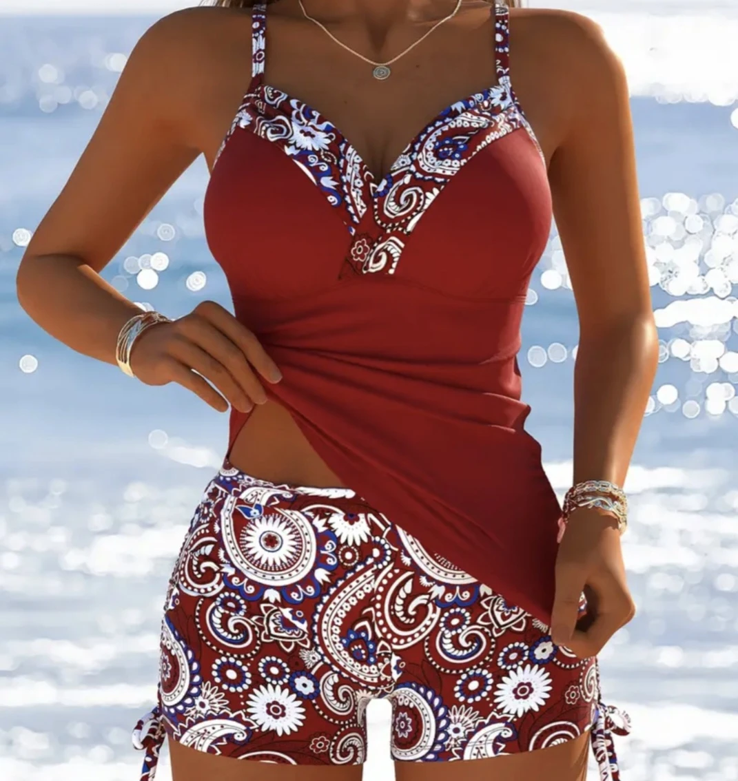 Red Paisley Tankini Swimsuit with Shorts