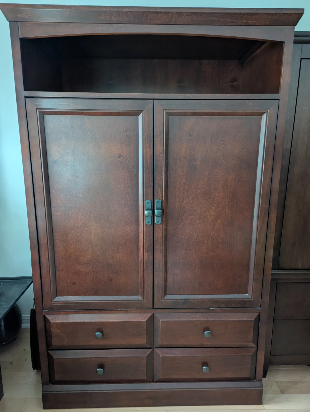 Dark Wood Media Console with Doors and Drawers