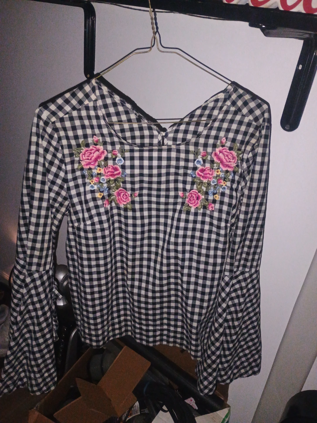 Black and White Gingham Bell Sleeve Top with Floral Embroidery