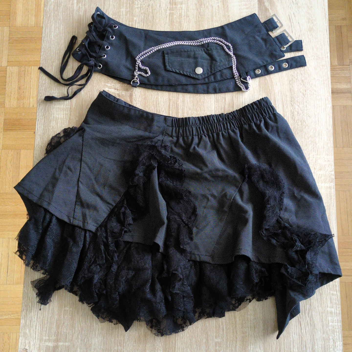 Pinstripe Lace Skirt with Corset Belt and Chain
