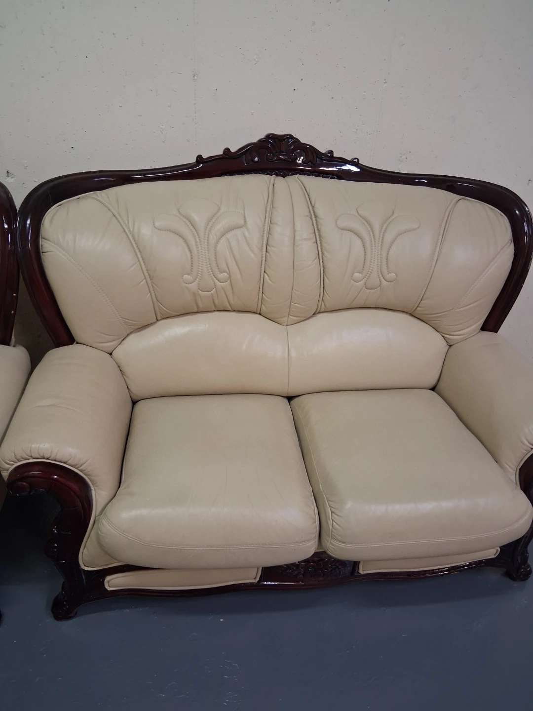 Cream Leather Sofa Set with Dark Wood Trim - photo 2