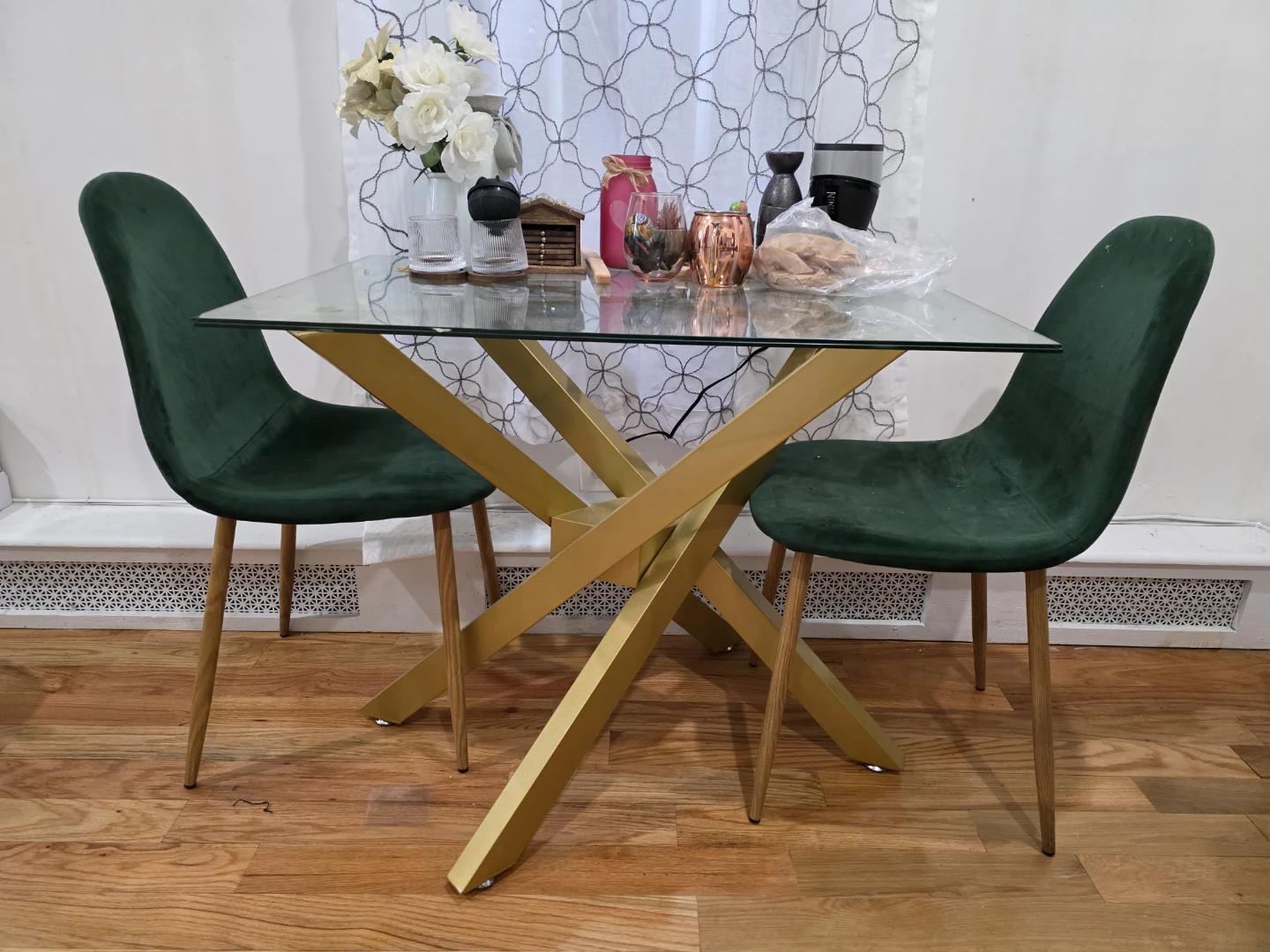Glass Top Dining Table with 2 Green Velvet Chairs - photo 2