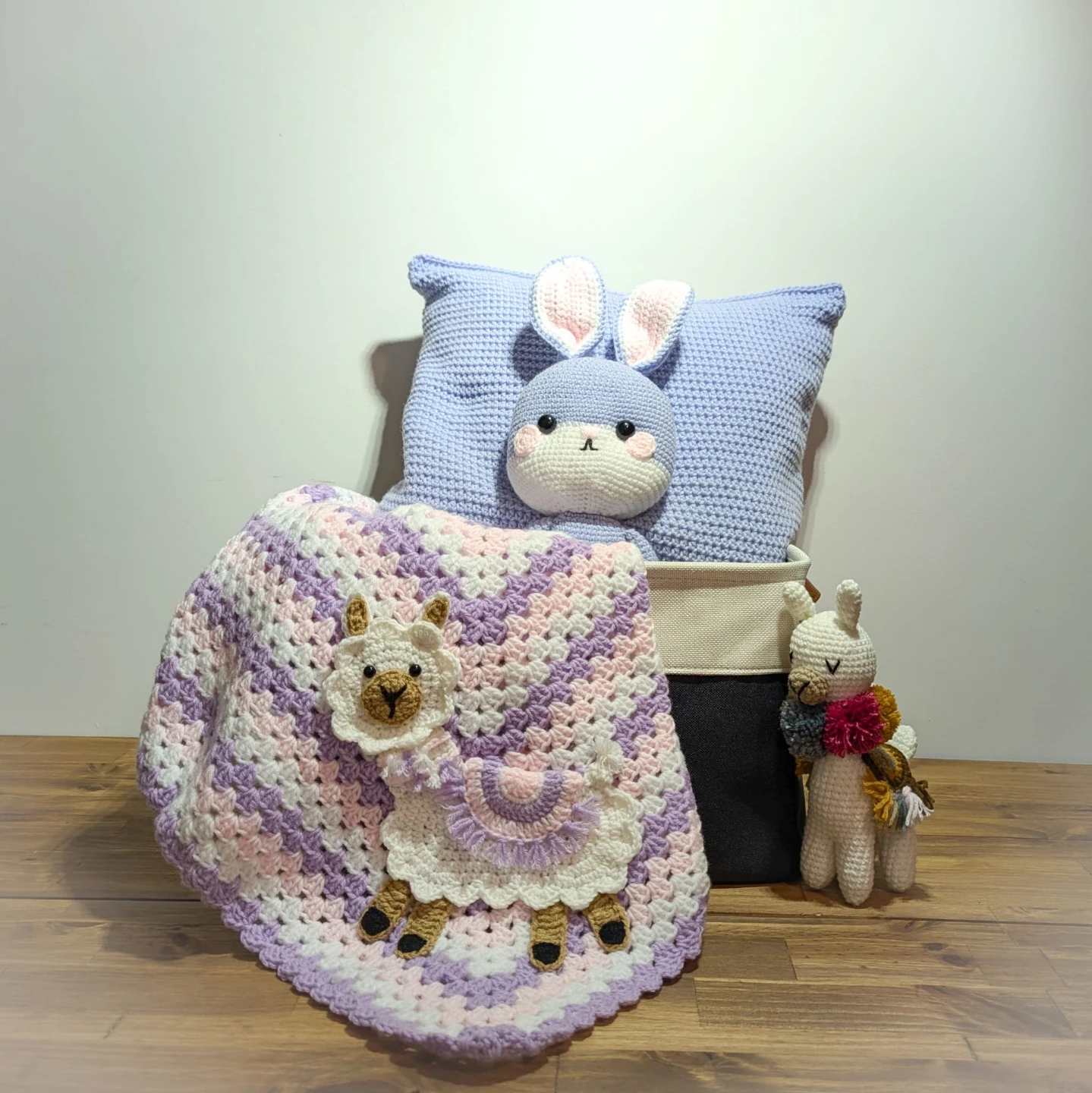 Handmade Crochet Bunny Pillow and Llama Blanket Set - photo 3