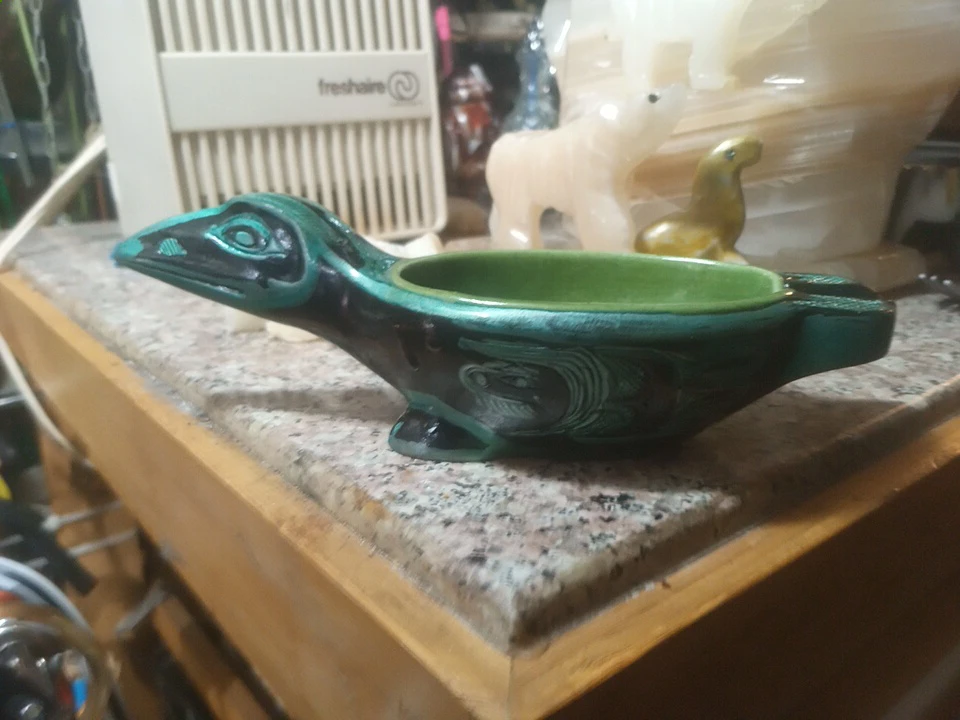 Vintage Ceramic Ashtray - Green & Black Animal Design