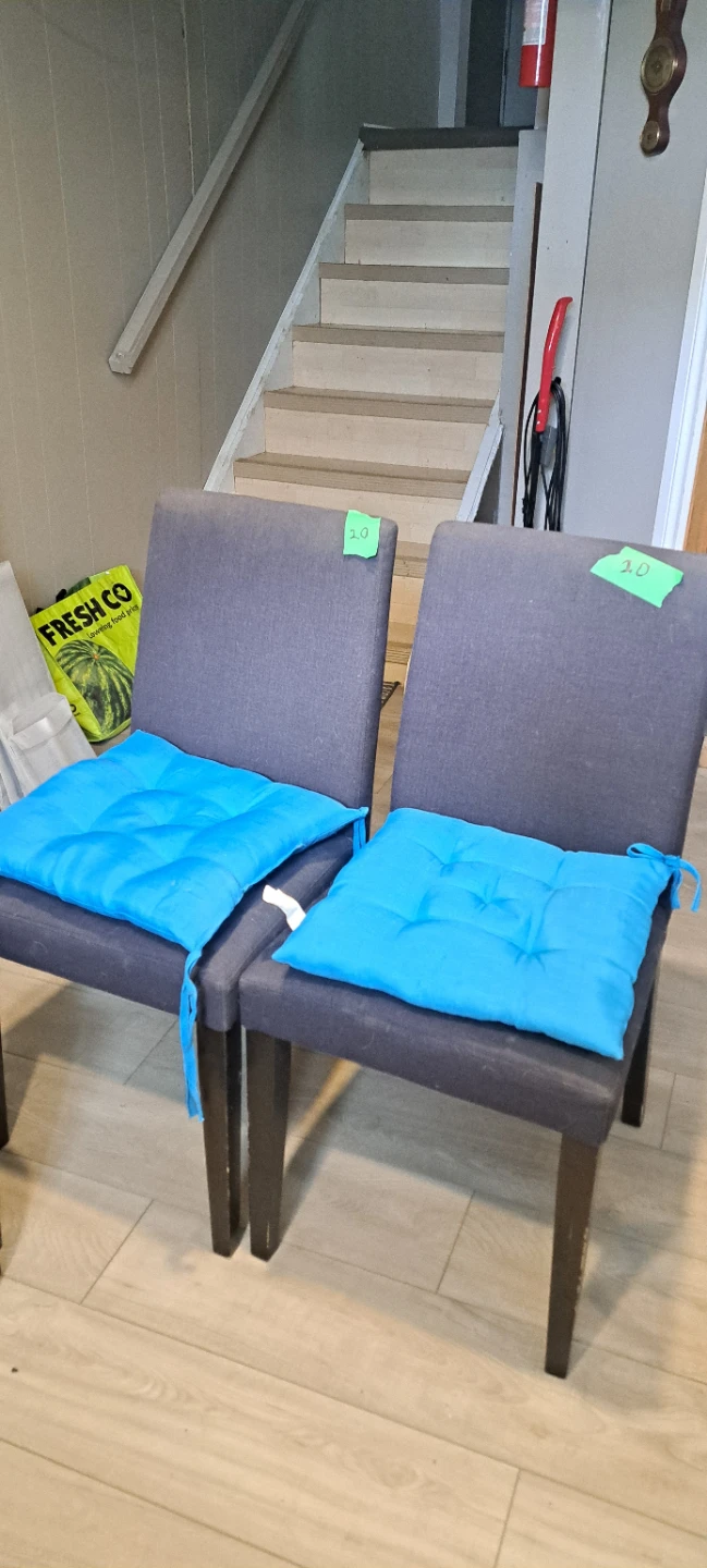 Set of 2 Grey Dining Chairs with Blue Seat Cushions