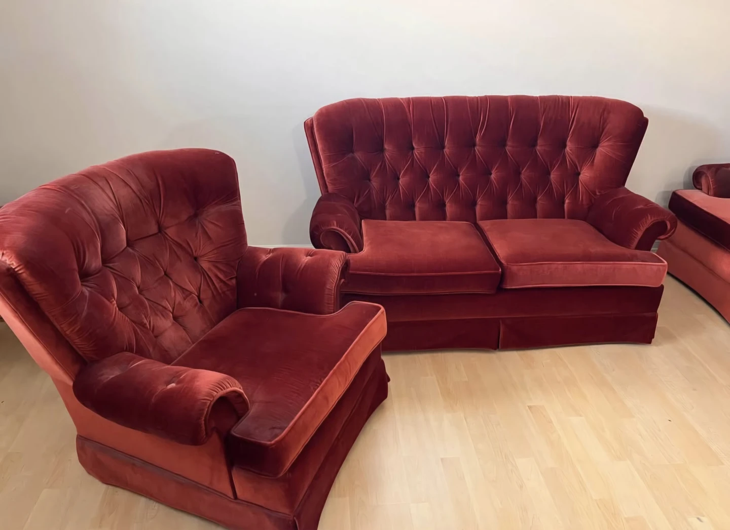 Red Velvet Tufted Loveseat and Armchair Set