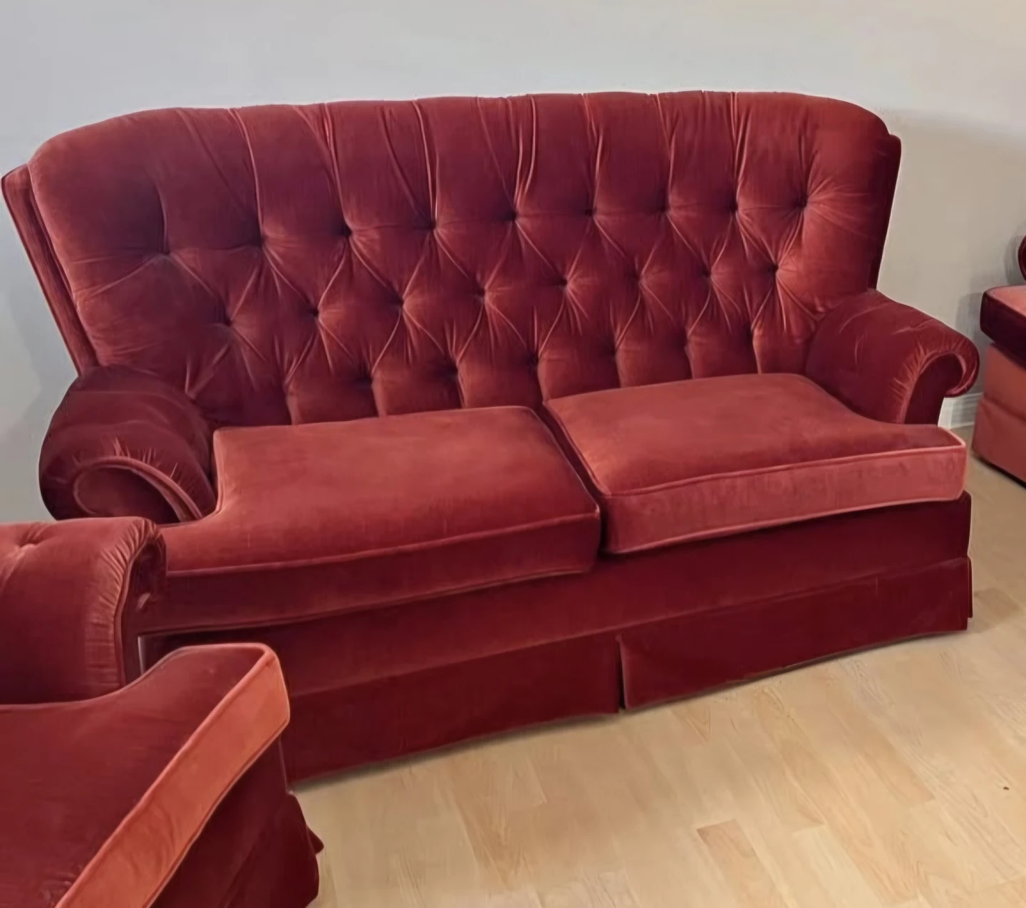 Red Velvet Tufted Loveseat and Armchair Set - photo 2