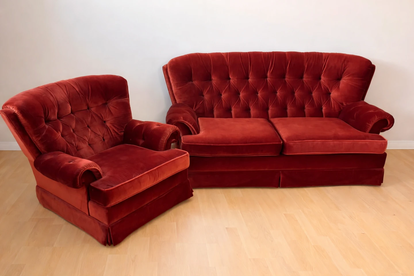 Red Velvet Tufted Loveseat and Armchair Set - photo 3