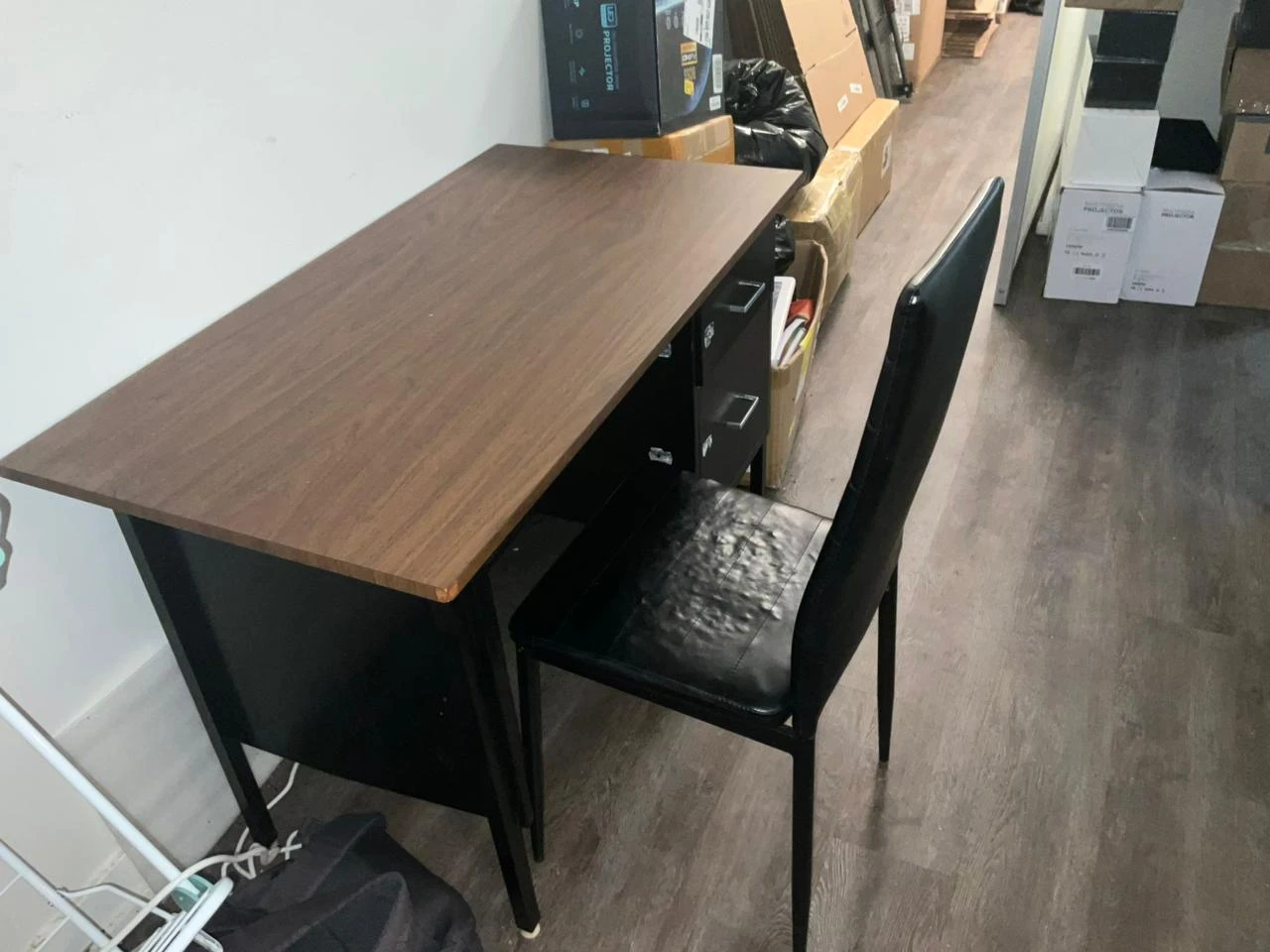 Wooden top desk and chair with black filing cabinet with drawers - photo 2