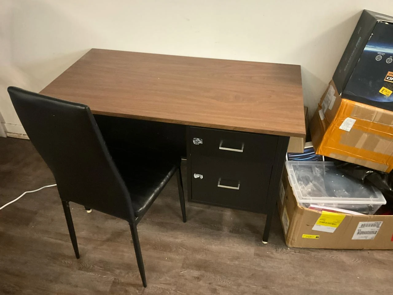 Wooden top desk and chair with black filing cabinet with drawers - photo 3