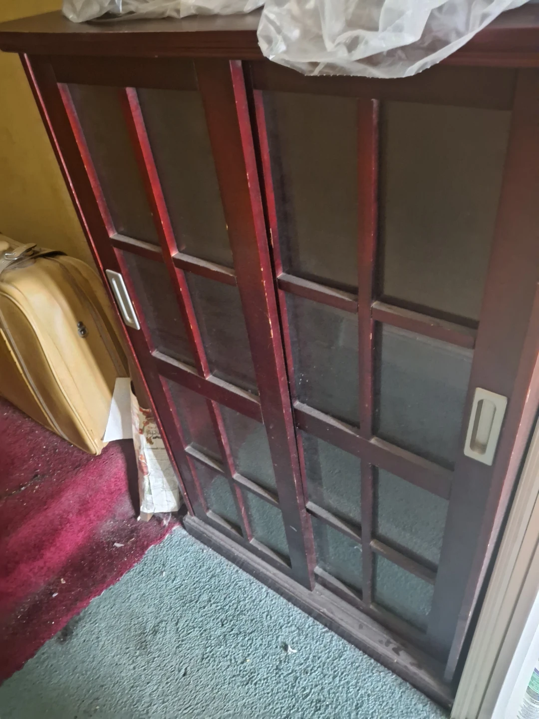 Dark Wood Cabinet with Sliding Glass Doors