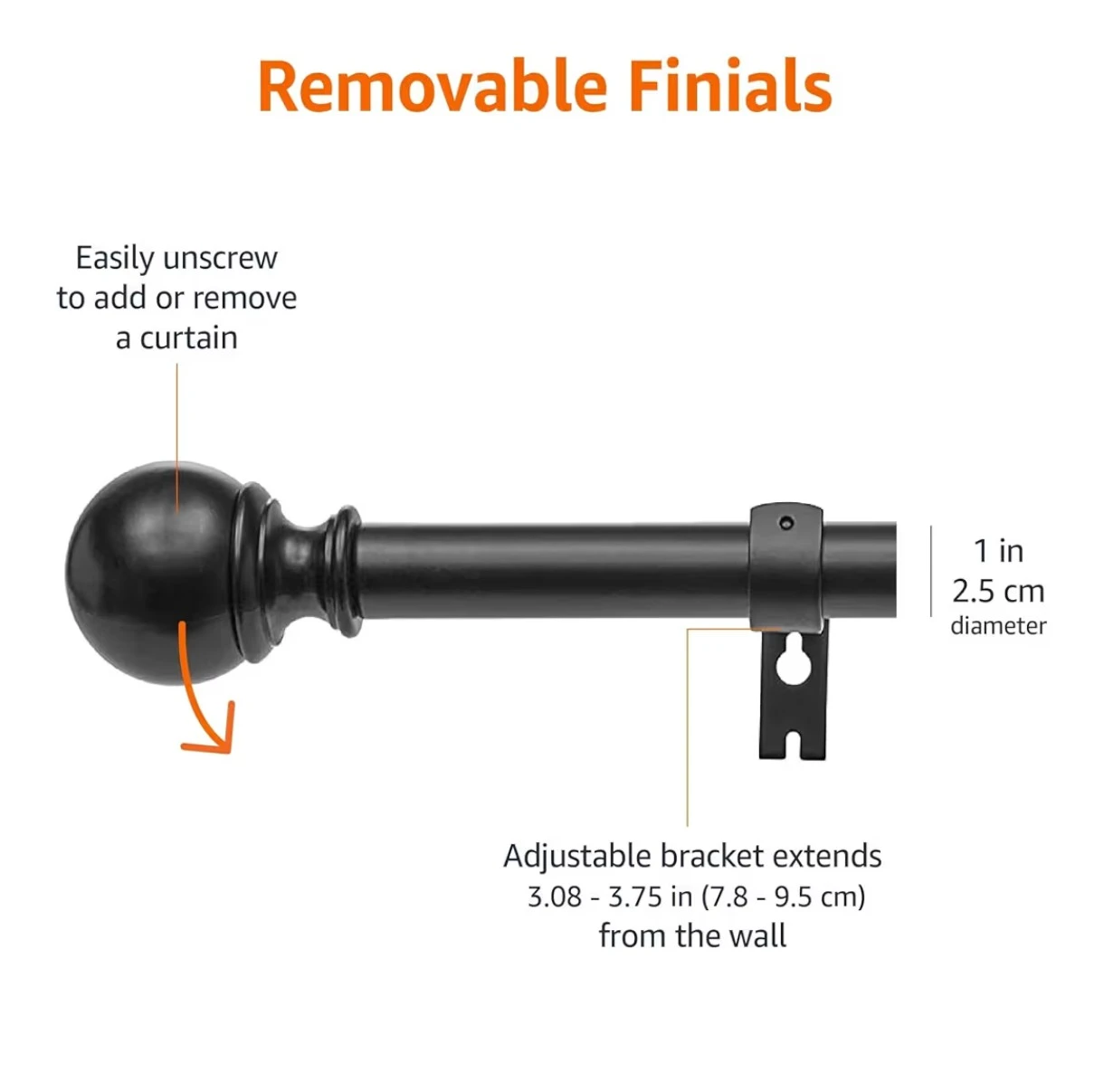 NEW Curtain Rod with Round Finials  - Black - photo 3