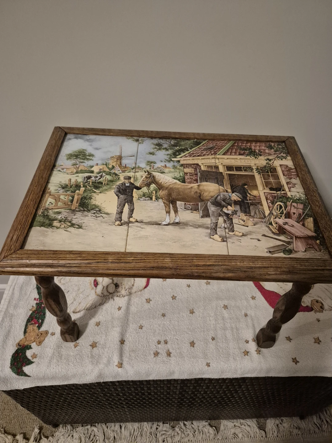 Wooden Side Table with Tiled Top