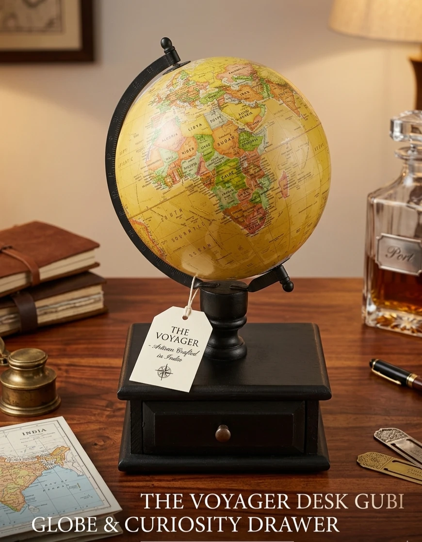 The Voyager Desk Globe & Curiosity Drawer